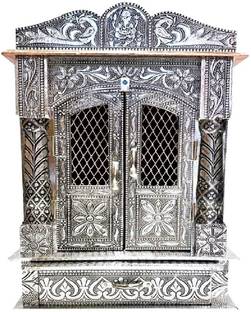 BALVEER ENTERPRISES Small office Mandir Aluminium & Copper Oxidized Temple 10L*6D*16H inch Solid Wood Home Temple