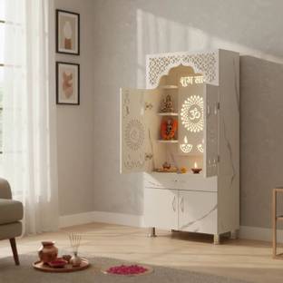 Shlok White Marble Wooden Temple with LED Light Engineered Wood Home Temple