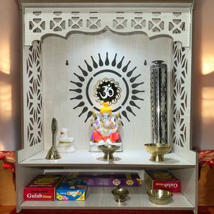 HOODWIN Pooja Mandir Home Office with LED Light H- 18 L- 16 W -8.75 In Wood Temple Engineered Wood Home Temple