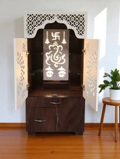 The Wooden Factory Elegant Wooden Home Temple with Laser Cut Jali Doors, LED Backlit Ganesha panel Engineered Wood Home Temple