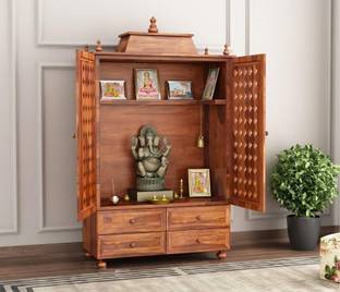 VARSHA FURNITURE Solid Wood Temple for Home|Mandir|Pooja Stand|Mandapam with 4 Drawers Solid Wood Home Temple