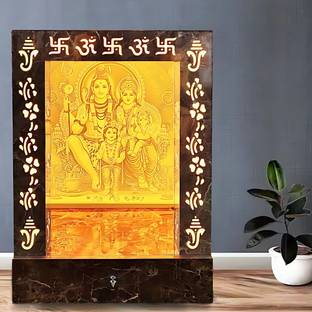 Online Mandir Store 3D Corian Shiv Parivar Mandir with LED Backlit WPC Pillars and Storage Drawer Engineered Wood Home Temple