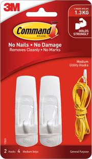 Command 3M Plastic Medium Utility Wall Hooks holds upto 1.3kg, 4 Strips Hook 2