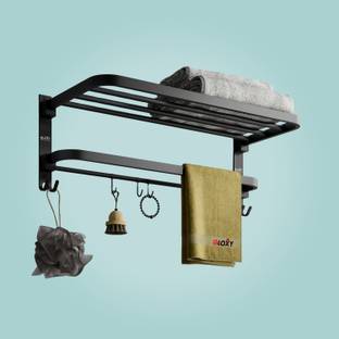 GLOXY Foldable Towel Rack | Rust-Resistant Matte Black Bathroom Storage with Hooks Stainless Steel Bathroom Set