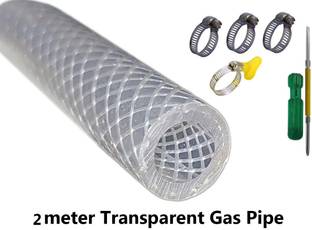ESEKSAFAR Transparent LPG Gas Pipe 2 meter & 4pc Clamps 2in1 Screwdriver Internal Pipe size 8mm for Home, Restaurants Hose Pipe