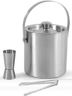 EVK 1.1 L Steel Double Walled Stainless Steel Insulated Ice Bucket with Lid Ice Tong peg Measure Ice Bucket