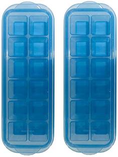 CONQUER Small POP-UP Ice Cube Tray with 12 Flexible Silicon Bottom and Lid Blue Plastic Ice Cube Tray