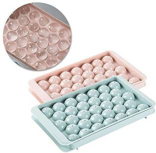 VSELL Reusable Plastic Flexible Round Ice Cube Trays, 33 Cavity Mini Round Ice Trays Pink, Blue Plastic Ice Ball Tray