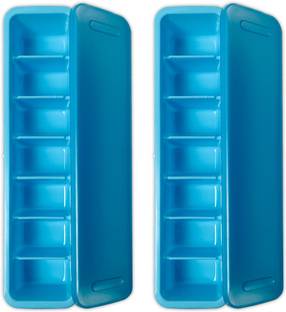 CREW4 Pack of 2 combos Slim Design Saves Freezer Space ice tray with lid Blue Plastic Ice Cube Tray
