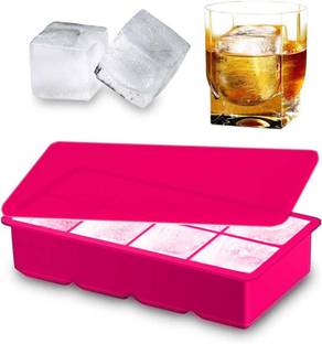 DHONI Large Square Shaped 2 Inch Big ice tray for freezer with lid Pink Silicone Ice Cube Tray