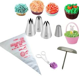 MARHABA TRADERS LEGACYCART 4 Cake Nozzle 1M 2D 2F Grass Rose Nail Scissor 25 Piping Bag DIY Stainless Steel Round Icing Nozzle