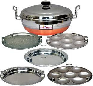 NEWLAND kitchenware All-in-One Stainless Steel Idli Cooker Multi Kadai Steamer with Copper Bottom, Big Size with 5 Plates 2 Idli; 2 Dhokla; 1 Patra Plate Induction & Standard Idli Maker (5 Plates , 14 Idlis ) Induction & Standard Idli Maker
