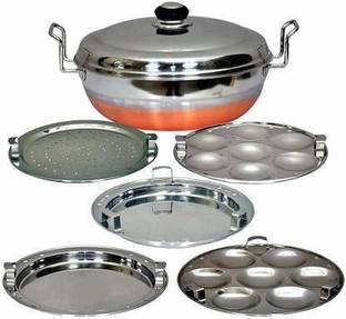 PBD Lifestyle Classic Range All-in-One Stainless Steel Idli Cooker Multi Kadai Steamer Copper Bottom With Lid, Big Size with 5 Plates 2 Idli, 2 Dhokla Plate, 1 Patra Plate Idli Maker Multi Kadhai,Pot Pan Set Combo Tope Copper Tapeli / Patila / Cookware/ Dhokaliyu / Dhokla Maker, Patra Maker, Momo’s, Curries ,Handi Copper Bottom idle palat 14 big siz and 48 mine ilde palta Standard Idli Maker (7 Plates , 56 Idlis ) Kadhai 30 cm diameter with Lid 5 L capacity