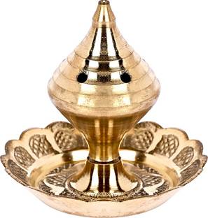 DOKCHAN hand Nakkashi Brass Golden Fancy Agarbatti Stand with Collector Tray Brass Incense Holder