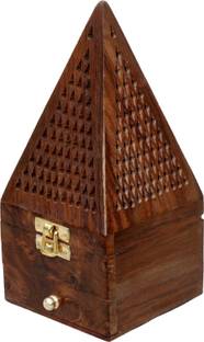 AAYAT HANDICRAFTS Wooden Bakhoor Cone Burner/Dhoop Batti Dan(Box). (Pyramid Shape) Wooden Incense Cone Box/Ash Catcher/Home Fragrance Stand/Holder for Meditation Aromatherapy Home Fragrance Products. Made in India with strong and resistant wood with antique finish. Wooden Incense Holder