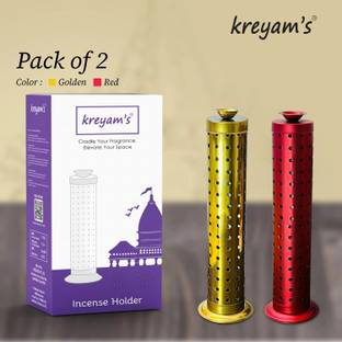 Kreyam's Decorative Agarbatti Stand Incense Holder, Gold and Red, Set of 2 Stainless Steel Incense Holder Set
