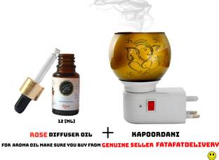 Ganesha blessing kapoor dani LED Kapoordani/Aroma Oil Diffuser With 12 Ml Rose Aroma Oil Glass Incense Holder Set