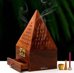 Signamio Handcrafted Wooden Sambrani Dhoop Dhup Cup Batti Stand with Drawer Wooden Incense Holder
