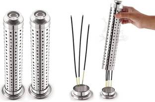 OGU Dhoop Batti Agarbatti Stand Incense Stick Holder with Ash Catcher-2 Pcs.,Silver Stainless Steel Incense Holder