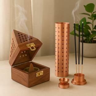 DigiRake Dhoop + Agarbatti Stand (Copper Colour) Combo, Sambrani Holder, SS Agarbatti Stand Wooden, Stainless Steel Incense Holder Set