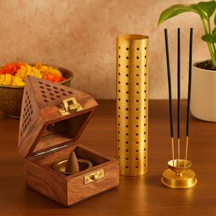 DigiRake Dhoop + Agarbatti Stand (Gold Colour) Combo, Sambrani Holder, SS Agarbatti Stand Wooden, Stainless Steel Incense Holder Set