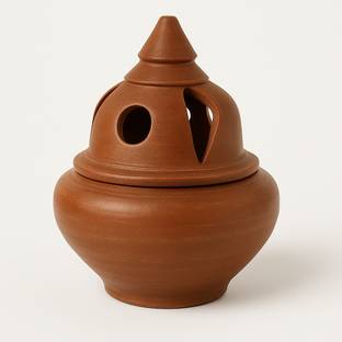 Nixra Traditional Clay Incense Dhoop Sambirani Holder with Lid for Pooja | Conical Earthenware Incense Holder