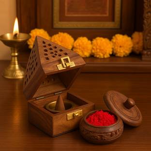 DigiRake Sheesham Wood Dhoop Stand, Sindoor Dibbi, Kukum Barani Combo Wooden Incense Holder Set