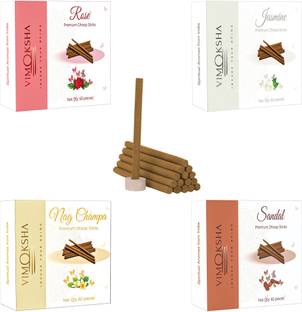 Vimoksha Premium Dhoop Sticks Pack of 4 Indian (60 units each) Fragrance- Jasmine, Nagchampa, Rose, Sandal