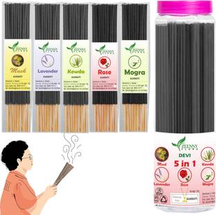 ZEENNYFLORA Dhupakathi, Rose, Lavender, Mogra, Kewda & Musk, Each 50gr. Devi