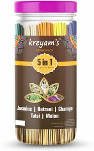 Kreyam's Agarbatti Combo Pack 5 in 1 Incense sticks Jasmine, Ratrani, Champa, Tulsi, Melon 225 Sticks For Pooja Items