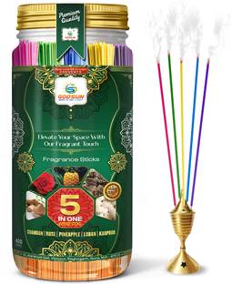 GODSUN Premium Chandan, Rose, Pineapple, Loban, Karpoor Agarbatti Jar (400gms.) 0% Charcoal, 5 Different Fragrances Incense sticks