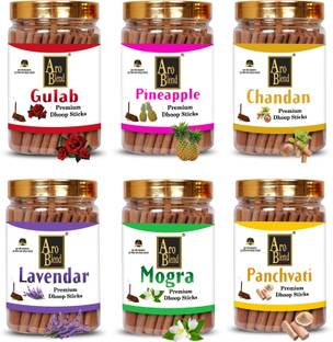 Aroblend PREMIUM GULAB, MOGRA, CHANDAN, PANCHVATI, PINEAPPLE & LAVENDER DRY DHOOP INCENSE STICKS COMBO PACK OF 6 JAR FOR ROOM FRESHNESS, & YOGA MEDITATION