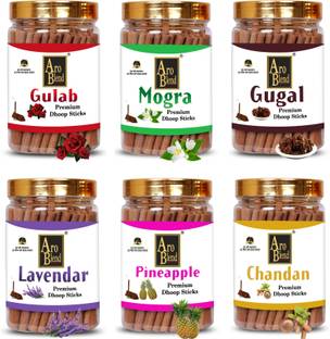 Aroblend PREMIUM GULAB, MOGRA, CHANDAN, PINEAPPLE, LAVENDER & GUGAL DRY DHOOP INCENSE STICKS COMBO PACK OF 6 JAR FOR ROOM FRESHNESS, & YOGA MEDITATION