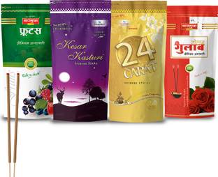 CHARBHUJA Premium Combo of Charcoal Free Incense Sticks (400g) ROSE, Fruits, Kesar Kasturi, 24 Carat