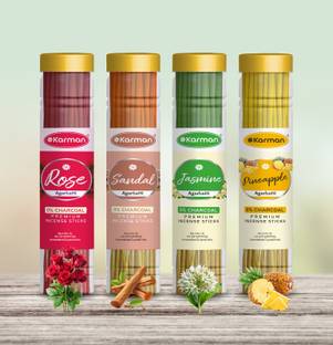 Karman Premium Chandan,Mogra,Rose,Pineapple Agarbatti combo Jar(4×100)400gm. Gulab,Chandan,Mogra,Pineapple (240 sticks) incense stick