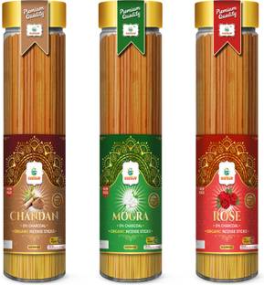 GODSUN Chandan, Mogra, Rose Agarbatti Jar (3×100)300gm. 0% Charcoal Incense sticks 3 Different fragrances