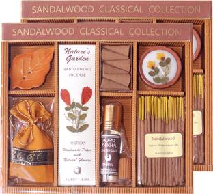 Auroshikha Sandalwood Classical Collection Set. (Sandalwood Cones, Perfume Oil, Scented Sachet, Perfumed Candle)