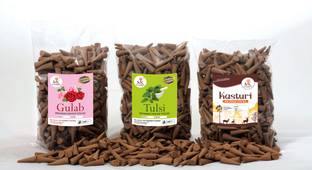 MkAgarbatti Organic Dhoop Cones Herbal with Incense Stand Charcoal Free 300GM GULAB, TULSI, KASTURI