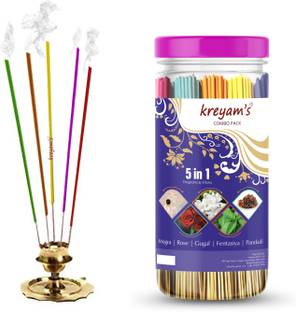 Kreyam's Incense Sticks - Agarbatti - Fragrance Sticks - Combo of 5 Fragrances Mogra, Rose, Gugal, Fentasiya, pandadi 225 Incense Sticks, Pooja Items Spiritual