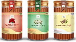 GODSUN Rose, Mogra, Chandan Dry Dhoop Sticks Jar (3×100)300gm. No Bamboo No Charcoal Dhoop batti