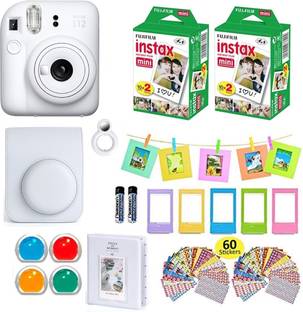 FUJIFILM Instax mini 12 Clay White Bundle+10x4 Film+Carrying Case, Color Filters,Album,Stickers, Frame...