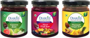 DiaBliss Jam Combo - Mixed Fruit, Pineapple Ginger, Guava each 225g - Low GI