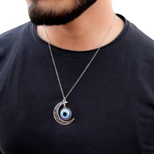 Fashion Frill Evil Eye Chain Pendant for Boys and Men Jewellery 22 Inches Silver Plated Stainless Steel Chain