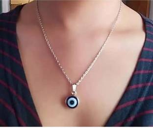 KieShna Evil Eye Necklace Blue Eyes Amulet Pendant Necklace Chain Gift for Girls & Women Sterling Silver Plated Metal, Alloy Necklace