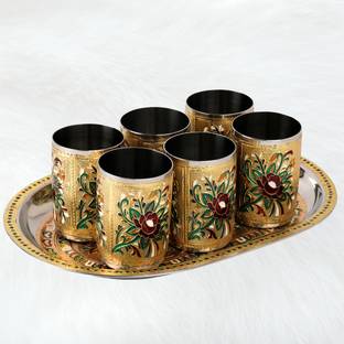 NAVRANG Glass Tray Set Steel Serving Set Meenakari Glass Tray Set Water Juice Serving Set Of 6 Glass Tray Set