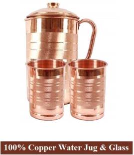 PINNU 1 ltr Copper Water Jug with 2 Glass Joint Free Leak Proof Jug Glass Set