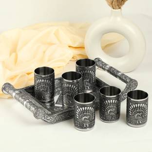 NAVRANG Oxidized Latest Serving Tray , Wooden Serving Tray, Tray Serving Set, Handicraft Tray Glass Tray Set