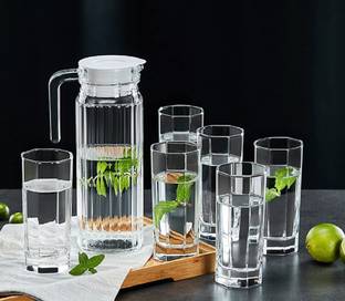 morryz Premium Water Glass Jug with Glass ,1 Glass Jug (1300 ML),6 Glasses (280 ML) Jug Glass Set