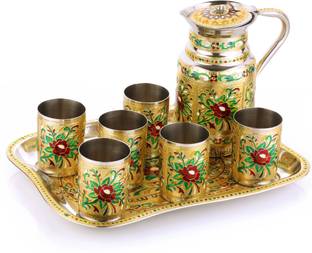 NAVRANG Lemon Set Steel Meenakari Steel Tray Serving Tray Set Jug Glass Tray Set