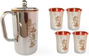 RAGHAV Pure Steel Copper Designed Jug Volume- Jug 1600 ML With 4 Glasses 300ml Jug Glass Set